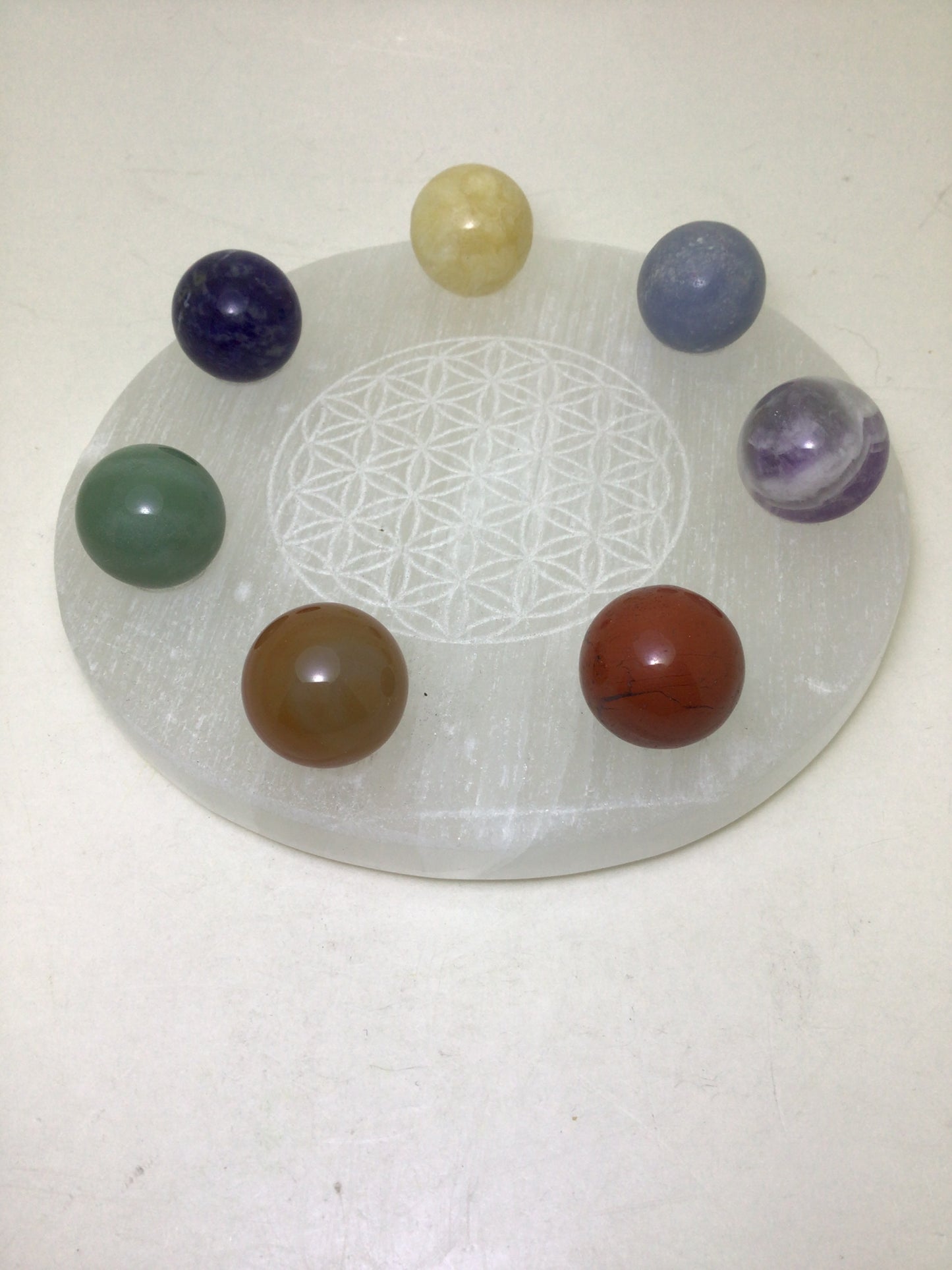 Selenite Charging Disk with Chakra Spheres