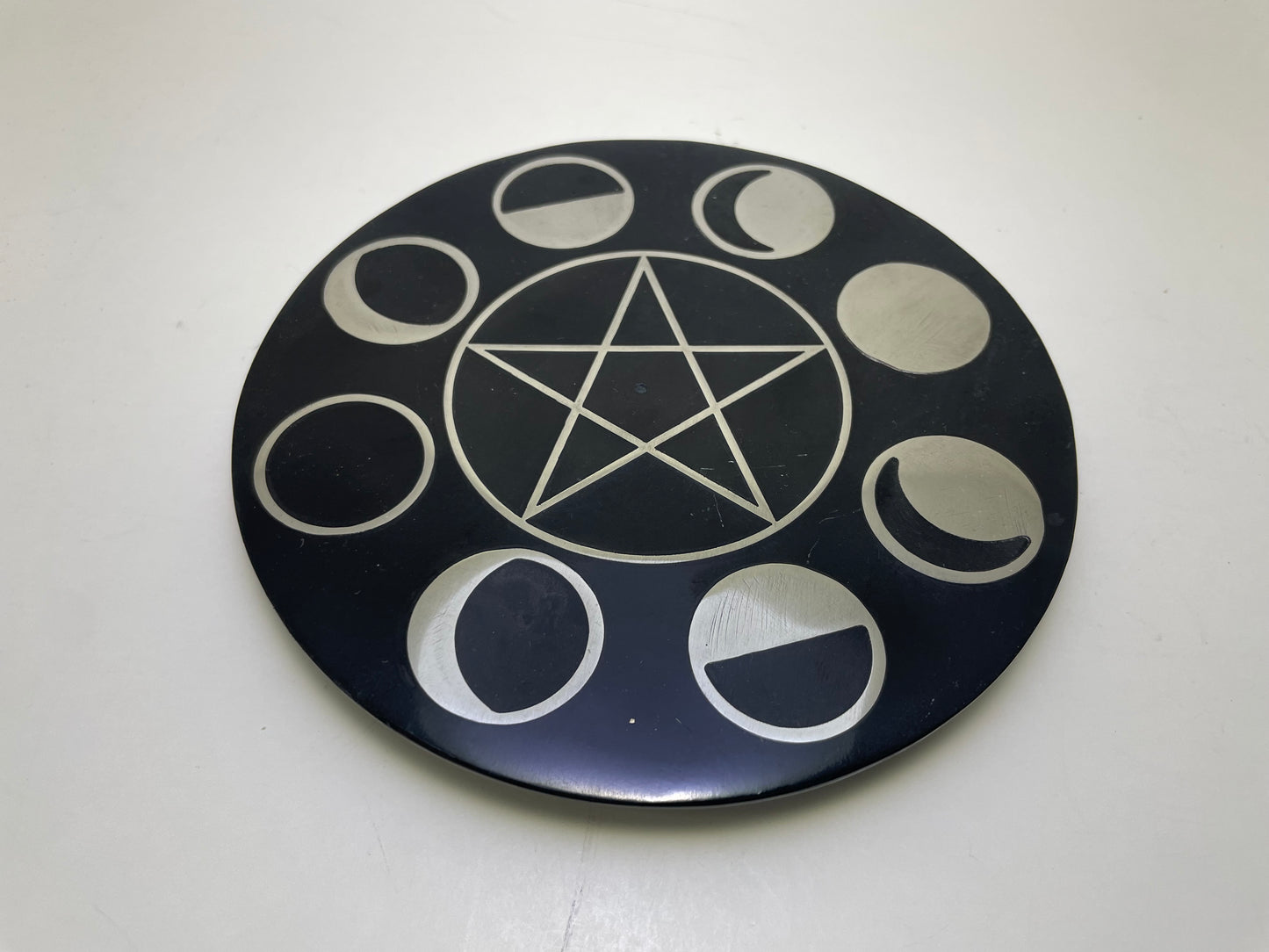Round Soapstone Incense Holder with Pentacle & Moon