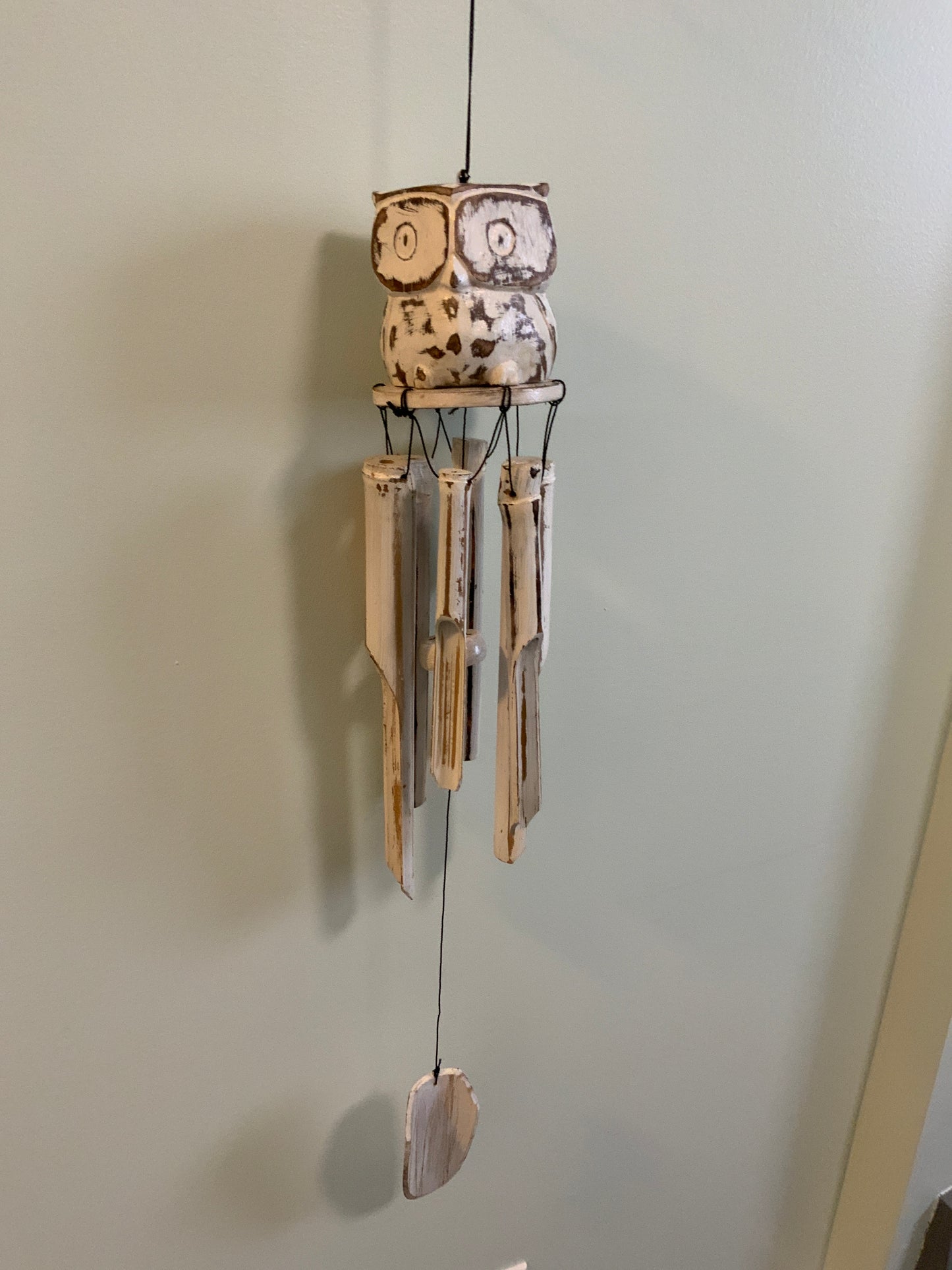 White Washed Bamboo Windchime with Owl