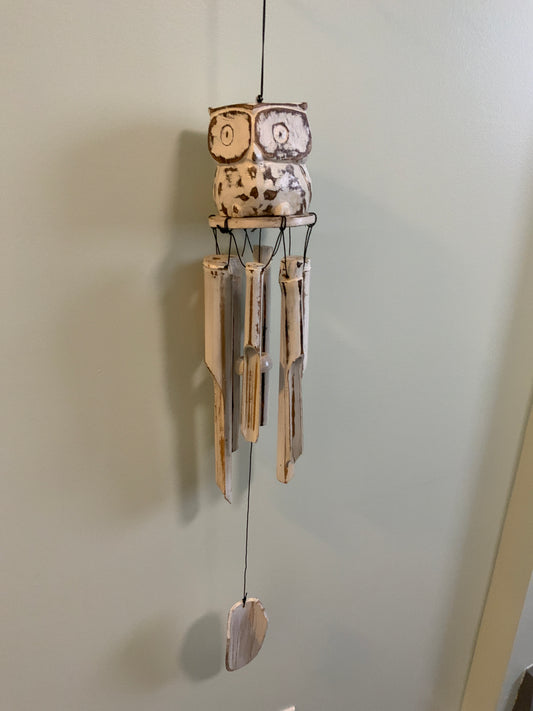 White Washed Bamboo Windchime with Owl