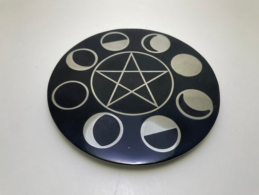 Round Soapstone Incense Holder with Pentacle & Moon