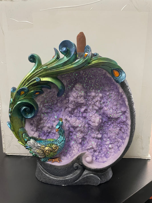 Resin Incense Holder Backflow Peacock on 9" Geode