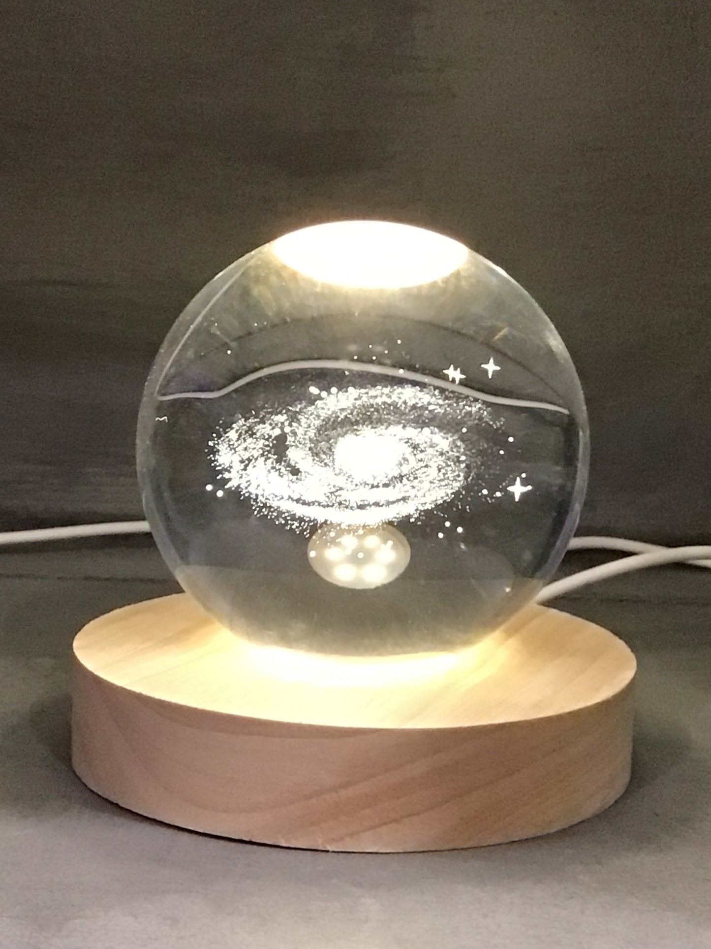 Galaxy Etched Glass Ball with Wood LED Base