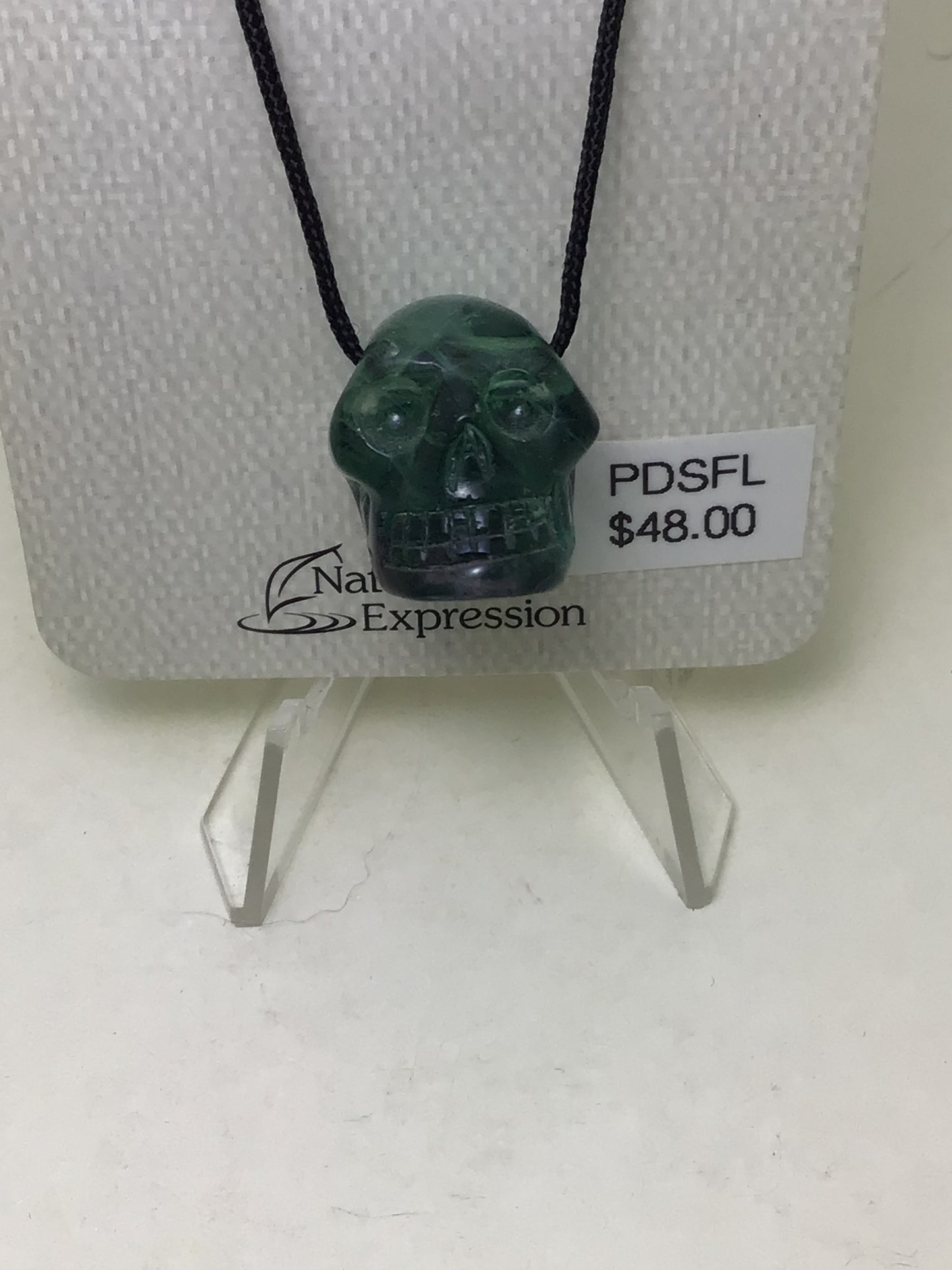 Fluorite Skull Pendant on Black Cord