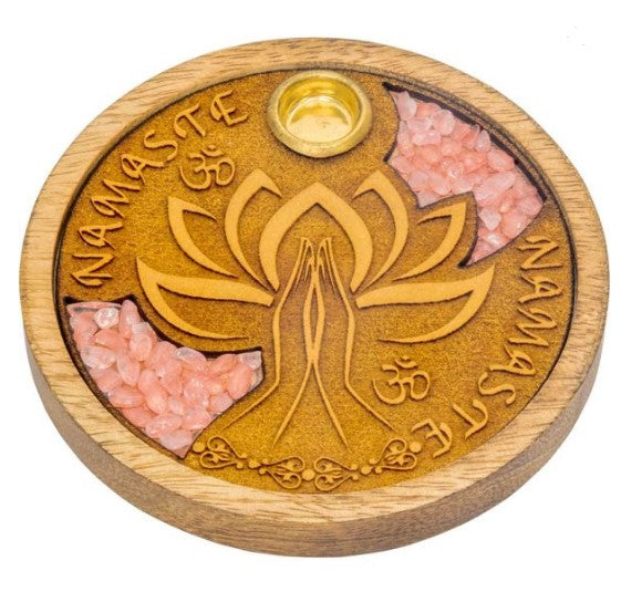 Round Wood Incense Holder - Etched Namaste & Rose Quartz Inlay 4"
