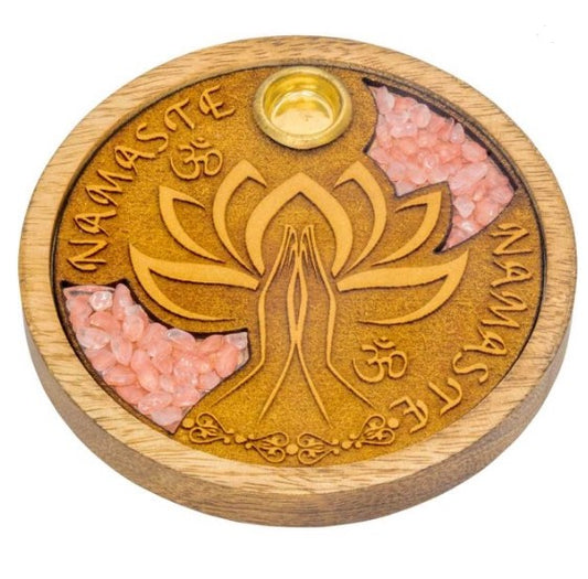 Round Wood Incense Holder - Etched Namaste & Rose Quartz Inlay 4"